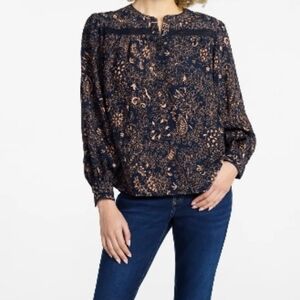 Time And Tru Navy Lace Trim Button Down Top Sz M